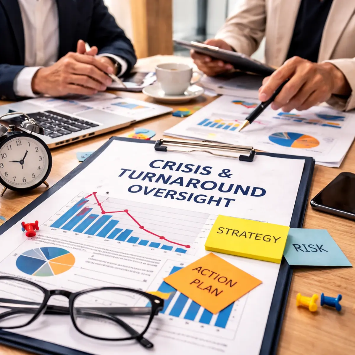 Crisis and turnaround advisory professionals reviewing business recovery strategy, financial reports, and risk management plans.